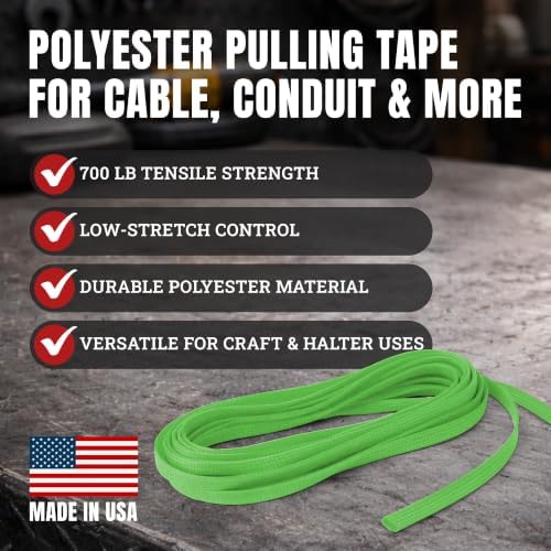 Cajun Tie Downs Pull Line — 1/4 Inch, 700 lb, Flat Polyester Pulling Tape, Conduit Wire Pulling, Made in USA, Neon Green, 175 ft