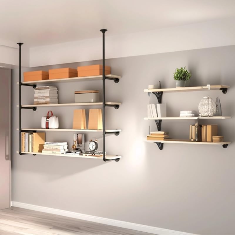 industrial pipe shelving system with 4 tiers, black showing dimensions