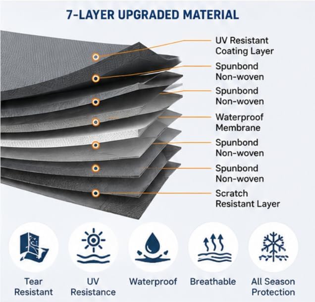 Heavy Duty 7 Layer Travel Trailer Cover for Keystone Springdale 1760BH 2020-Present, Anti-UV Waterproof Rip-Stop Fabric with Reinforced Padding & Air Vents, 220" L x 100"'W x 90" H