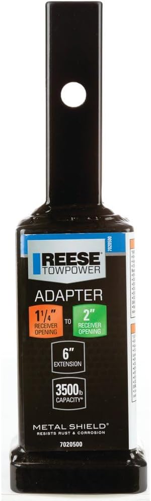 REESE Towpower 7020500 Trailer Hitch Receiver Adapter, Converts 1-1/4 Inch Square Receiver Opening to 2 Inch, 3,500 lbs. Capacity, 6 Inch Length