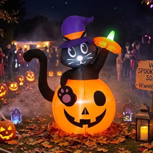 4.5FT Halloween Inflatable Black Cat with Pumpkin Outdoor Decorations, Blow U...
