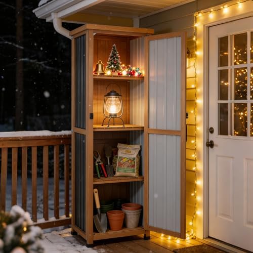outdoor storage cabinet, wood & metal storage shed, front angle view