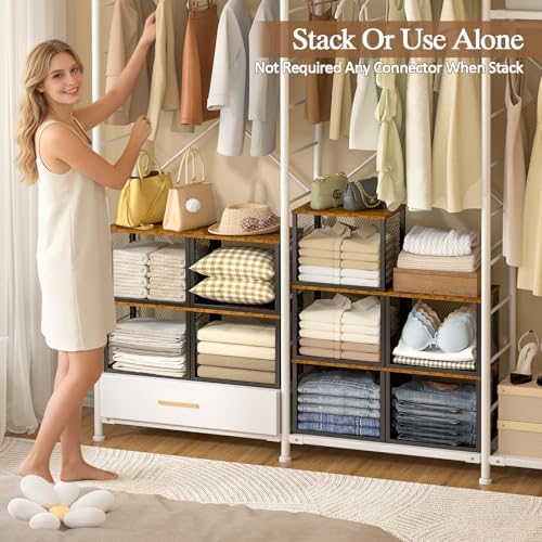 stackable closet organizers and storage basket, closet shelves showing dimensions