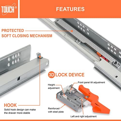 undermount drawer slides 21 inch, soft-close, for 3/4, close-up detail