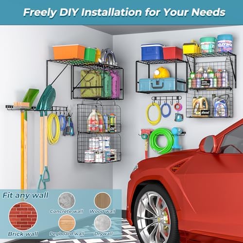 threehio garage shelf wall mounted with wire baskets, view 9