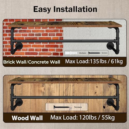 clothes rack wall mounted, 43.3in shelf with hanging showing dimensions