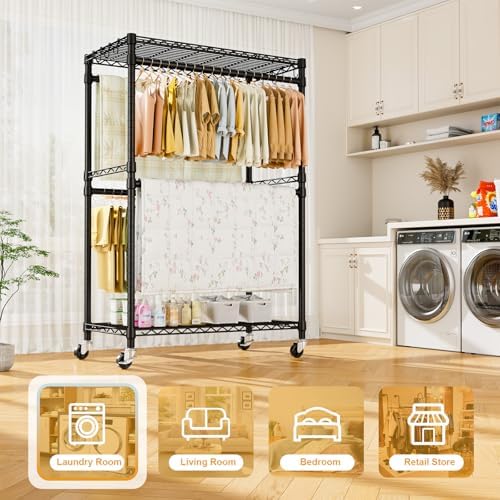 ulifhome rolling clothes rack, clothing racks for hanging, front angle view
