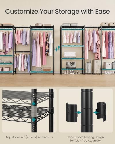 songmics clothes rack, adjustable mesh shelves and hanging showing dimensions
