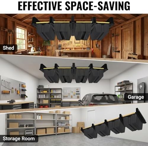 overhead garage storage rack, ceiling mounted tote storage on a desk or shelf