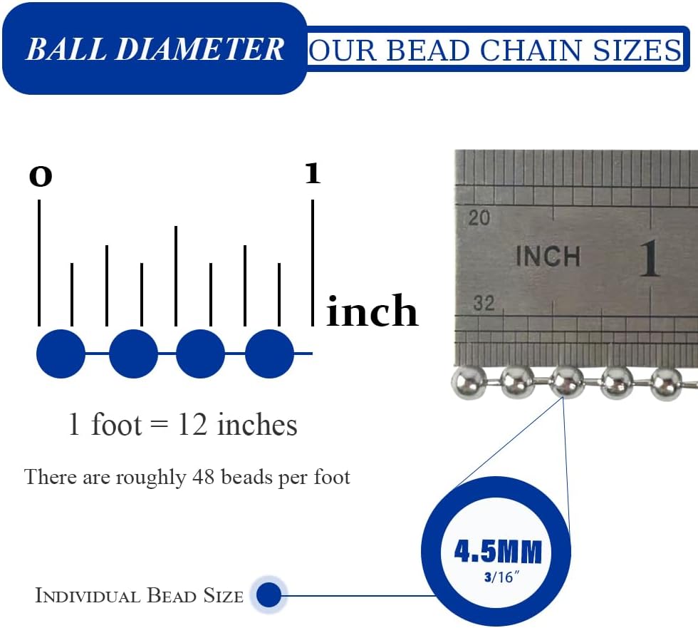 100ft ball bead chain, 304 stainless steel, #10, side view