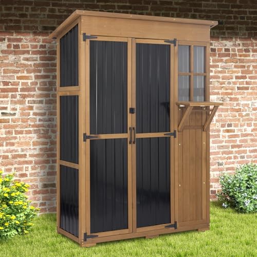 large outdoor storage cabinet waterproof with shelves, outside, front angle view