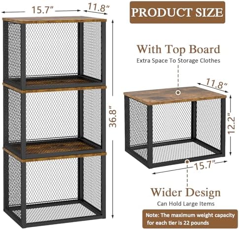 stackable closet organizers and storage basket, closet shelves shown in use
