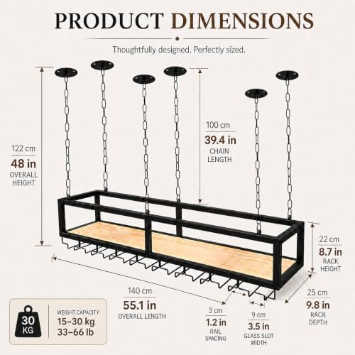 ceiling wine glass rack with glass holder, 55.1in shown in use