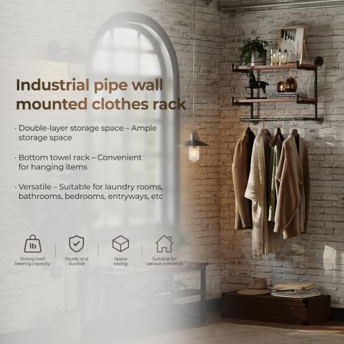 30in industrial pipe clothing rack, 2-tier wall mounted showing dimensions
