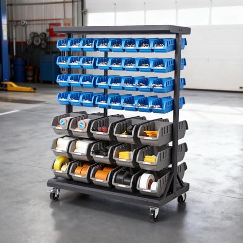 vevor 7-tier double-sided rolling bin storage rack, 94 shown in use
