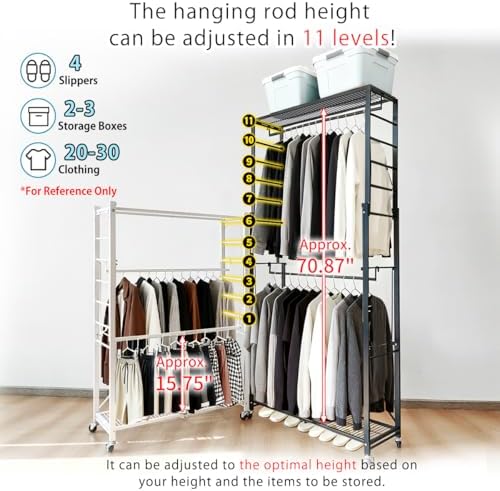 lumizone folding clothing rack with wheels expandable black, side view