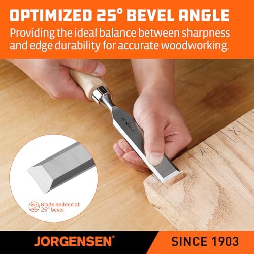 jorgensen 4-piece expansion wood chisel set, 3/8", 5/8" showing dimensions