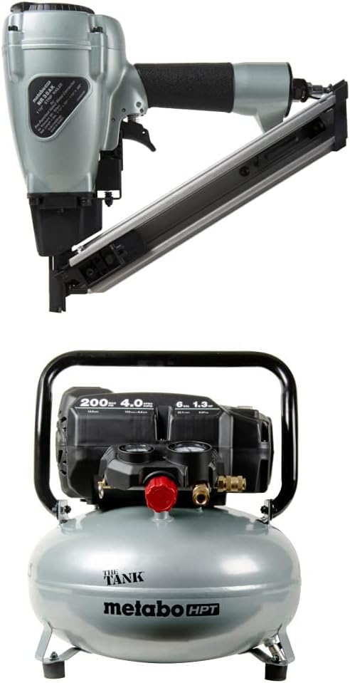 Metabo HPT Metal Connector Nailer (NR38AK) w/Metabo HPT Air Compressor | THE TANK™ | 200 PSI | 6 Gallon | Pancake | (EC914S)