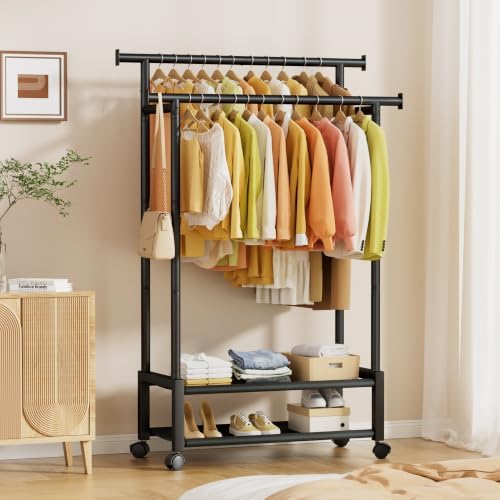 double rod clothing rack with 2 shelves, rolling shown in use