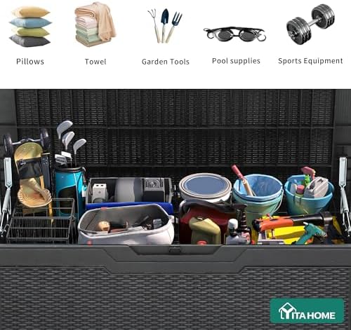 yitahome 100 gallon outdoor deck box, waterproof storage showing dimensions