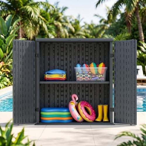 outdoor storage cabinet with 2 shelves, waterproof resin on a desk or shelf