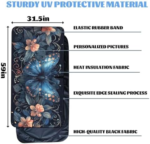 Blue Butterfly Car Windshield Sunshade Folding Retro Flowers Leaves Heatshield Front Window Car Sun Shade Windshield Block UV Rays Sun Shade Visor Protector for Car Sedan Truck SUV Accessories