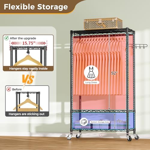 golpart heavy duty rolling clothes rack wheels portable, side view