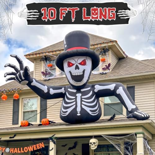 10FT Giant Led Lighted Halloween Inflatables Skeleton for Roof Garden