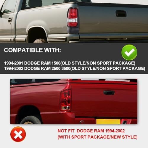 PIT66 Tail Lights Assembly Fit Dodge Ram 1500 2500 3500 Truck 1994-2002 | Fit Dodge Ram 1500 2500 3500 Truck 1994-2002 Rear Lights Lamps Drive & Passenger Side Red Lens Reverse light Smoke Lens