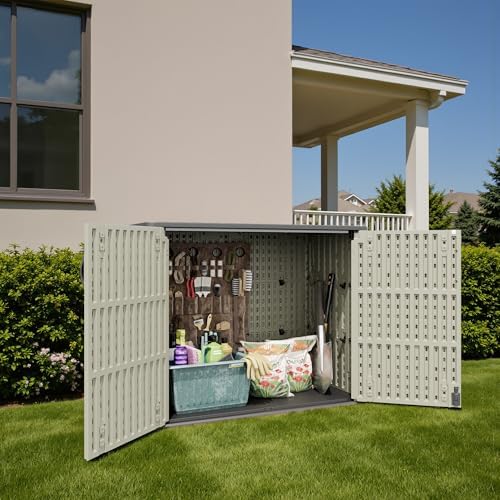 patiowell resin outdoor storage cabinet, 26 cu.ft horizontal shown in use