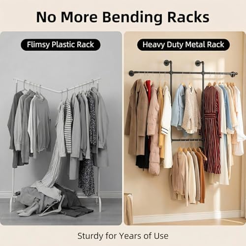industrial pipe clothing rack, hanging garment rack, wall showing dimensions