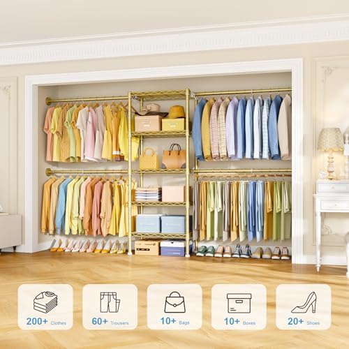 ulif m2 wall mounted closet system, gold clothes, side view