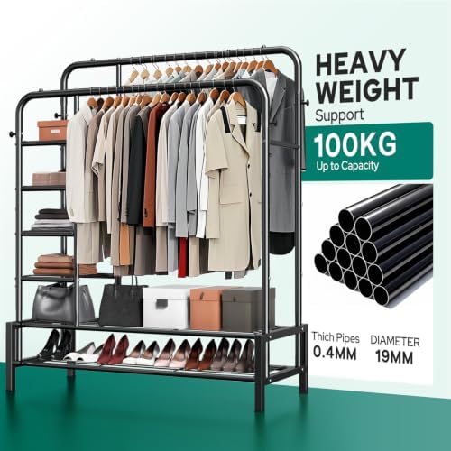 clothes rack with shelves, double rods clothing rack shown in use