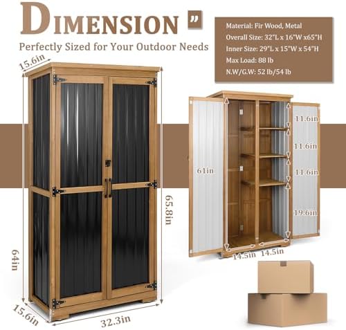 outdoor storage cabinet, wood & metal storage shed shown in use