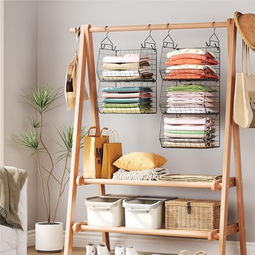 x-cosrack 5 tier closet hanging organizer, clothes hanging on a desk or shelf