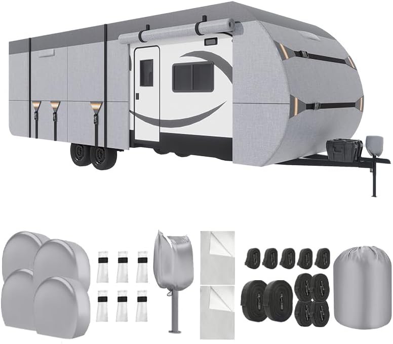 Travel Trailer RV Cover for 2012 Crossroads Zinger 32QB, Nonwoven Fabric with Water Resistant Construction, Air Vents, Adjustable Straps for Outdoor Storage