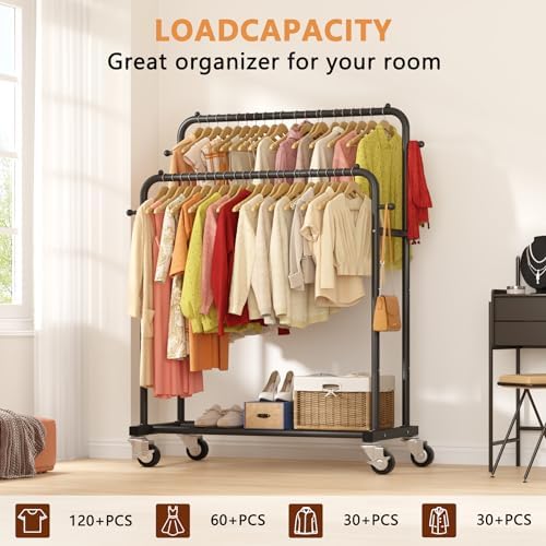 laiensia double rods garment rack with wheels, clothing, front angle view