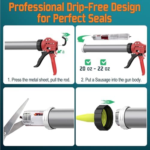 20 oz sausage caulk gun, one-touch drip-free | shown in use