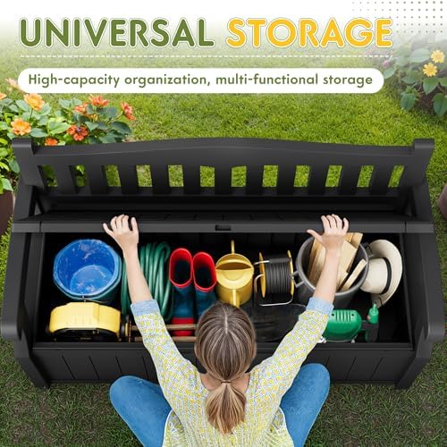 greesum 80 gallon storage bench outdoor deck box showing dimensions