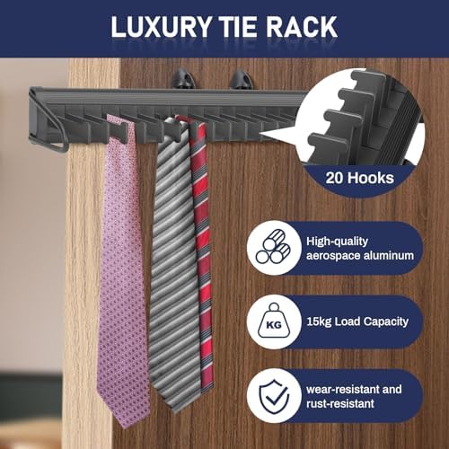 sliding tie rack hanger for closet, 20 tie shown in use
