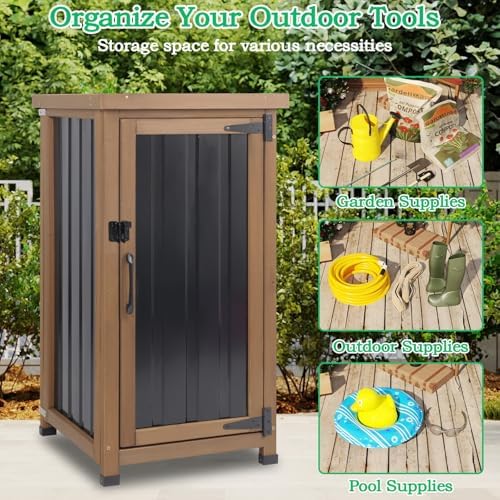 small outdoor storage cabinet weatherproof, wood garden potting, front angle view