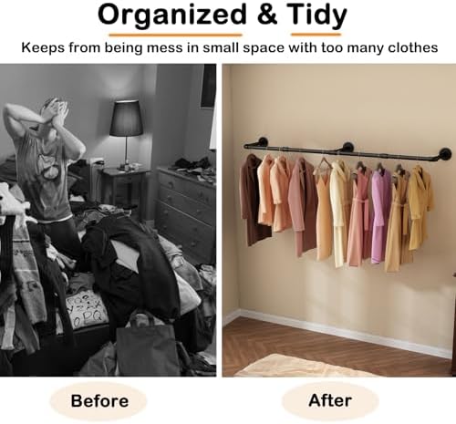 wall mounted clothes rack, 60in industrial pipe clothing shown in use