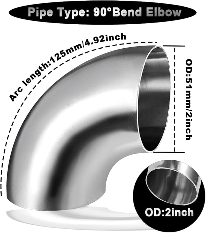 Cotonake OD 2 Inch 90 Degree SS304 Stainless Steel Bend Tube Exhaust Elbow Pipe - Image 2