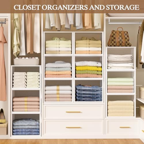stackable closet organizers and storage basket, closet shelves shown in use