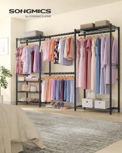 songmics clothes rack, adjustable mesh shelves and hanging shown in use
