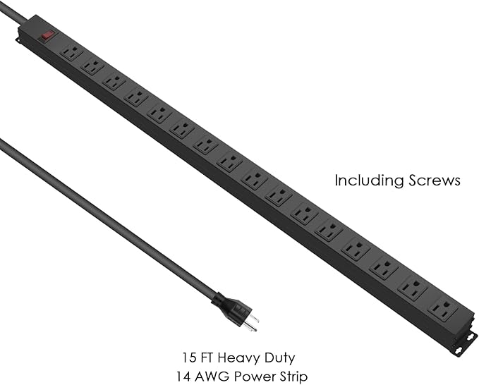 HHSOET 16-Outlet Metal Wall Mount Power Strip, 15 ft 14AWG Power Cord, 15A 125V - Image 4