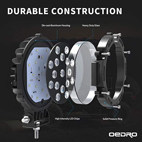 oedro 7 inch led light pods, 51w round, close-up detail