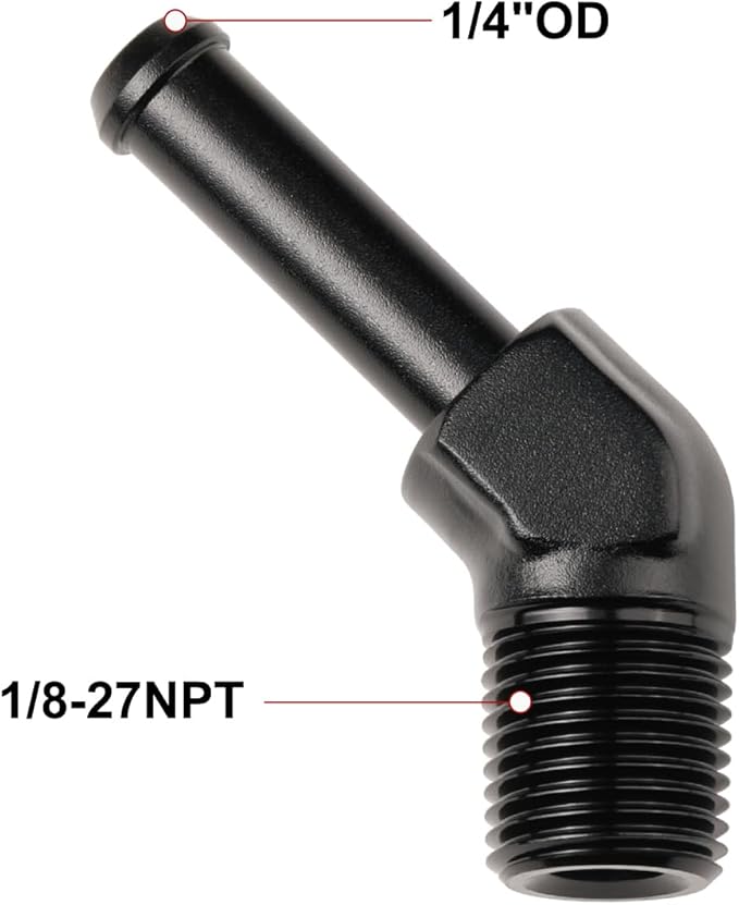1/8 NPT Male to 1/4" Hose Barb Fitting Adapter 45 Degree Elbow Aluminum Black - Image 2