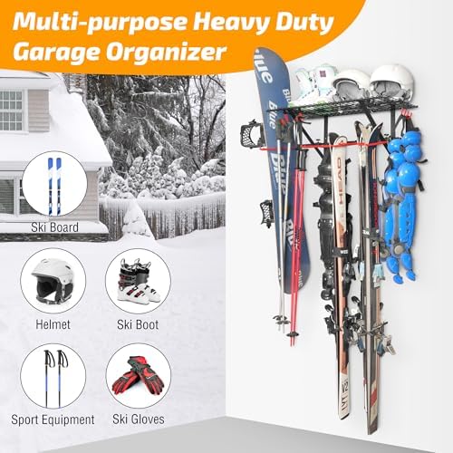 plkow wall-mounted ski and snowboard storage rack, 2-pack shown in use