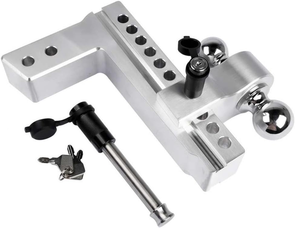 Silver Adjustable Trailer Hitch for 2.5 Inch Receiver 10 Inch Drop Rise with 2 Inch and 2-5/16 Inch Balls and 2 Latches Locks